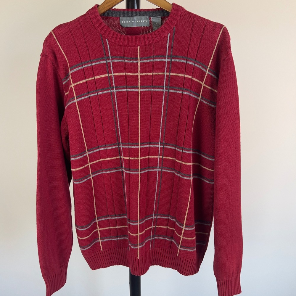 Oscar de la Renta Mens XL Red Plaid Ribbed Crew Neck 100% Cotton Sweater